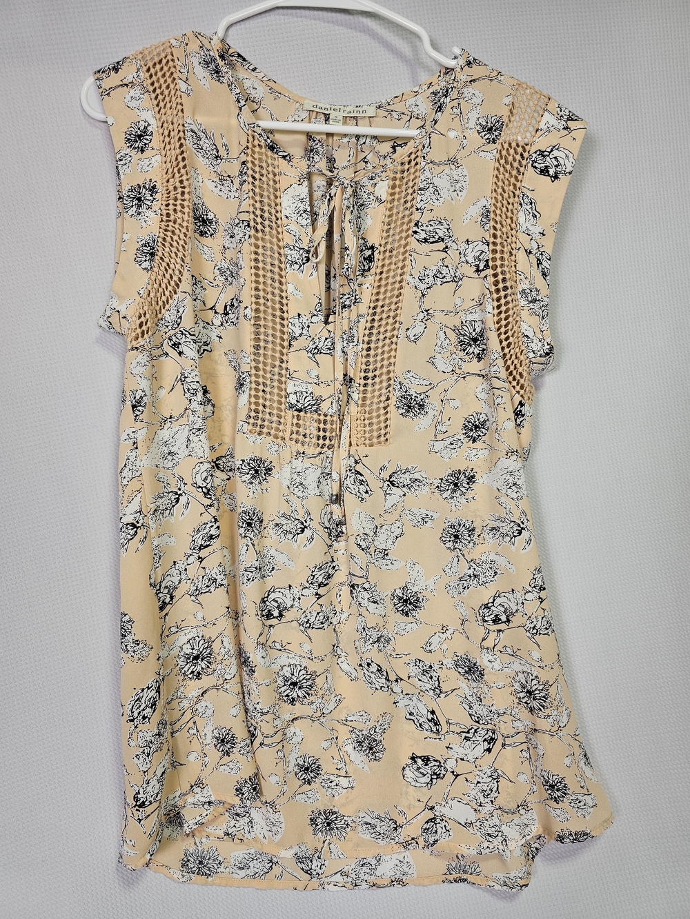 Peach Floral Crochet Trim Tie-Neck Blouse